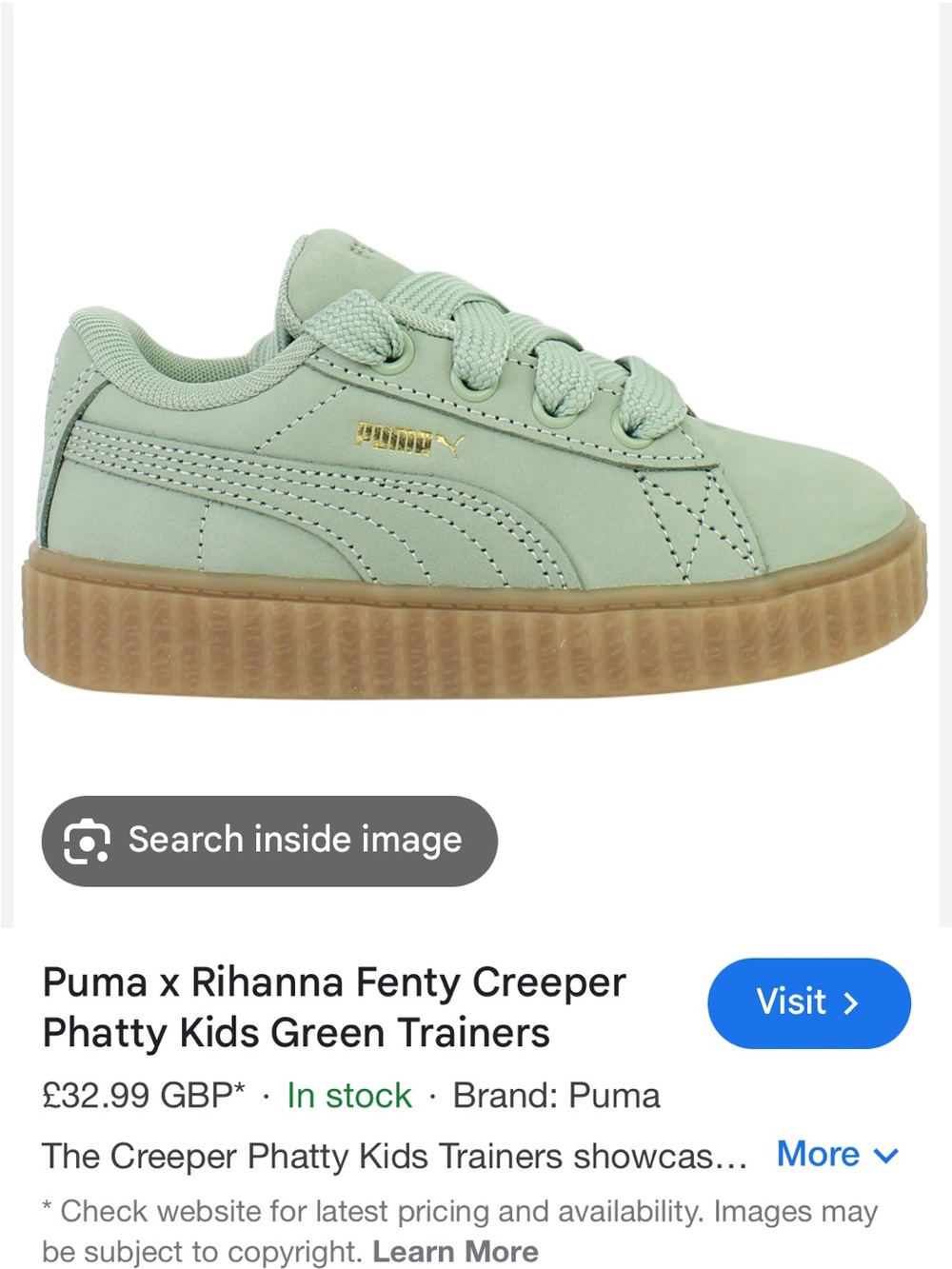 Puma Kids Mint Green Low-Top Sneaker with Gold Logo Brans New! - Picture 10 of 15